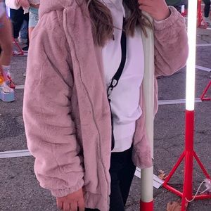 Pink hooded fur jacket